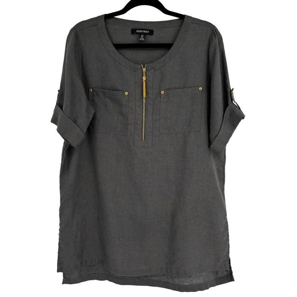 Ellen Tracy 100% Linen Short Sleeve Top Gray Medium‎